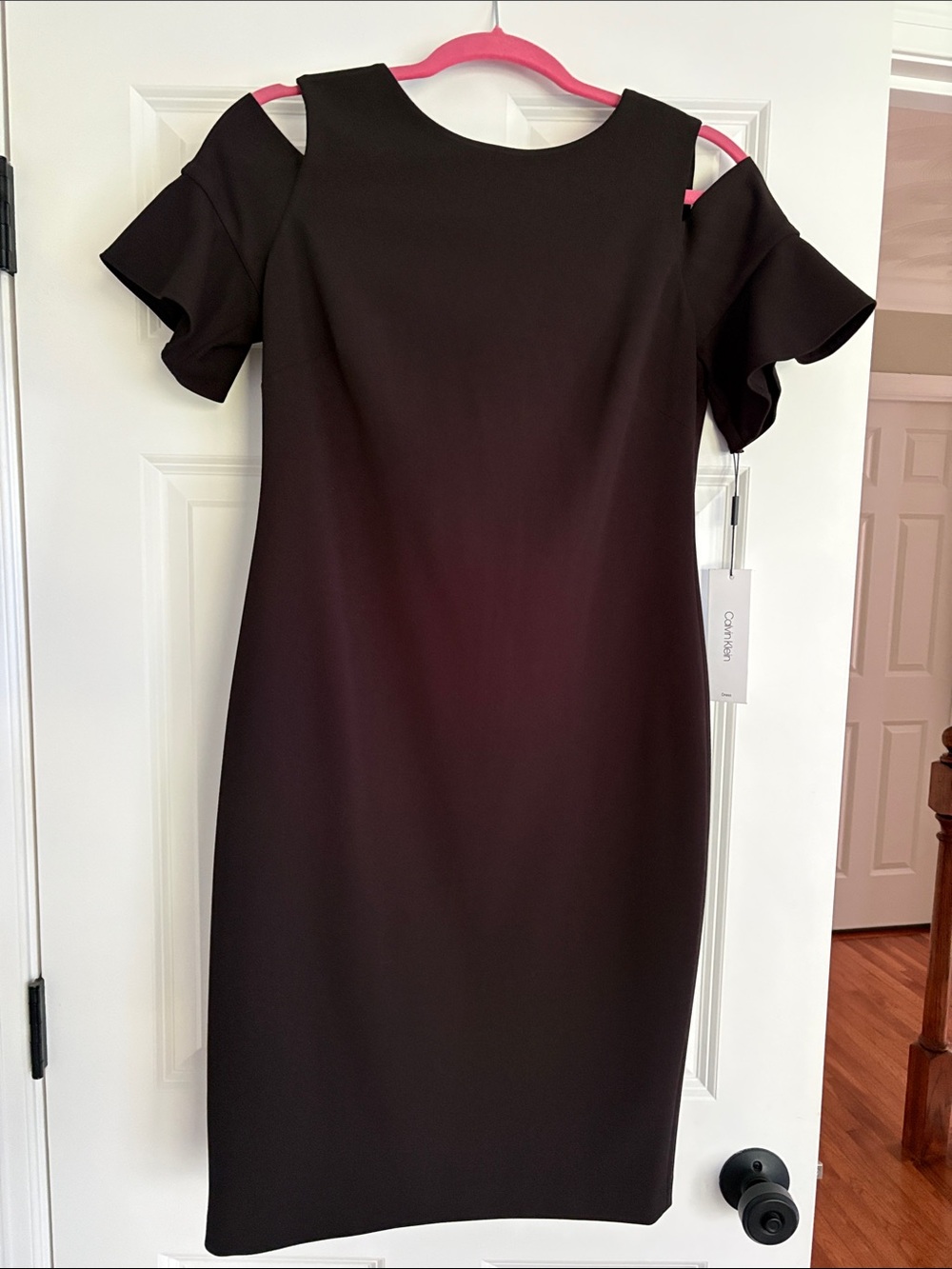 Calvin Klein Black Cold-Shoulder Ruffle Midi Dress